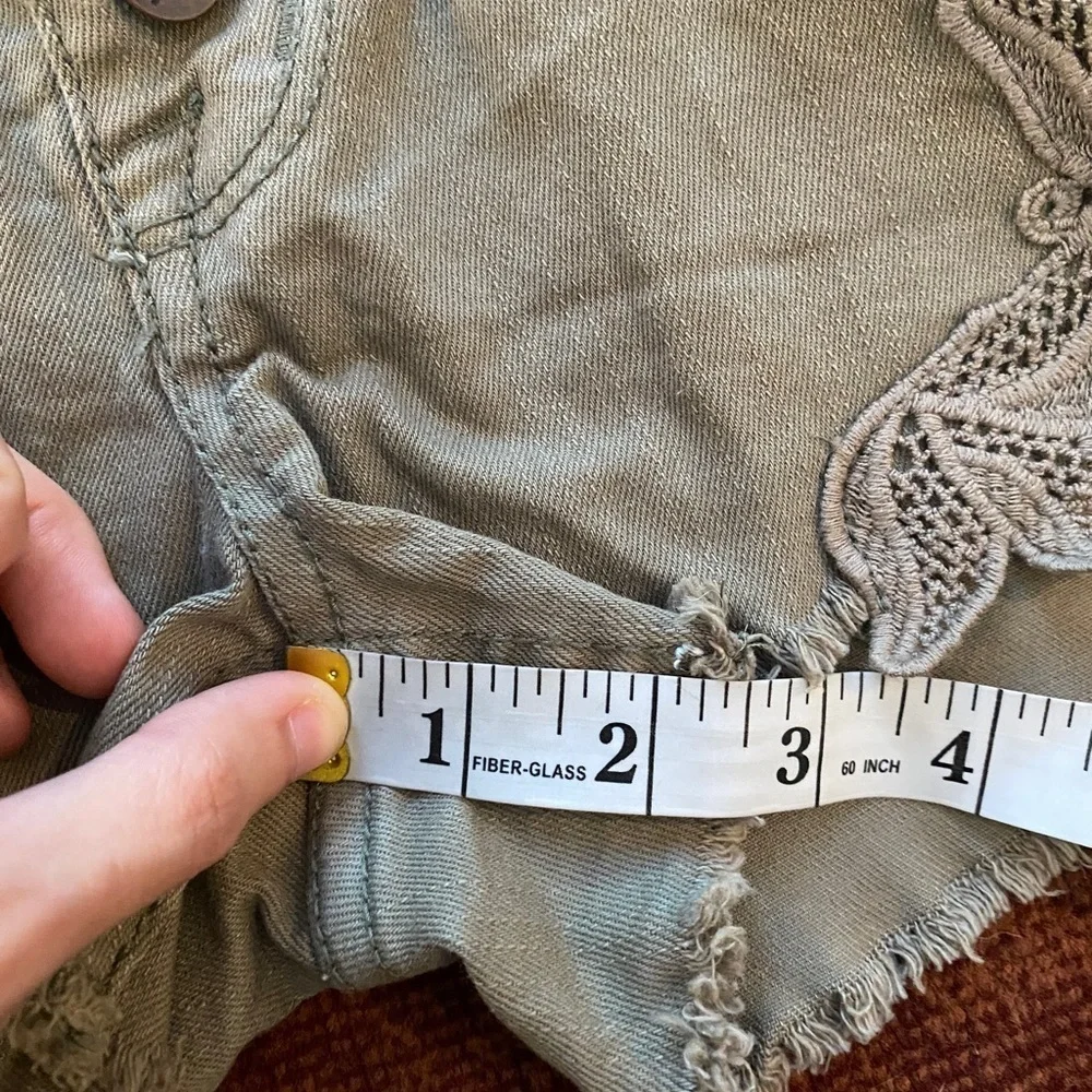 Crochet Detail High Rise Stretch Cotton Button Fly Jean Shorts